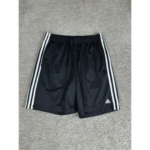 Adidas Shorts Mens Medium Black White 3 Stripes Athletic Drawstring Logo Soccer